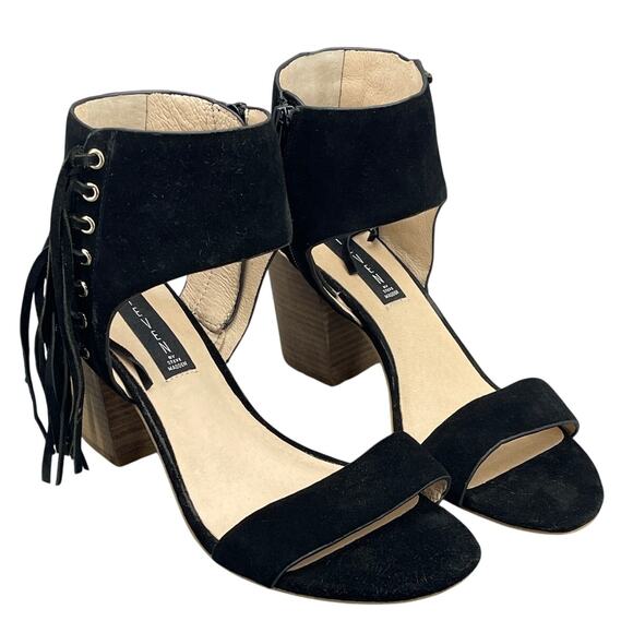 Steve Madden Luisa Black Suede Fringe Block Heel Dressy Sandal Women 9B - Picture 1 of 12
